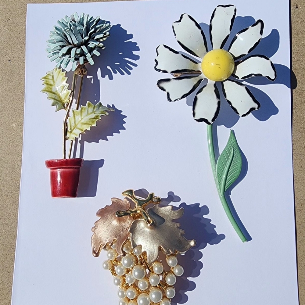 Three Vintage Flower Brooches